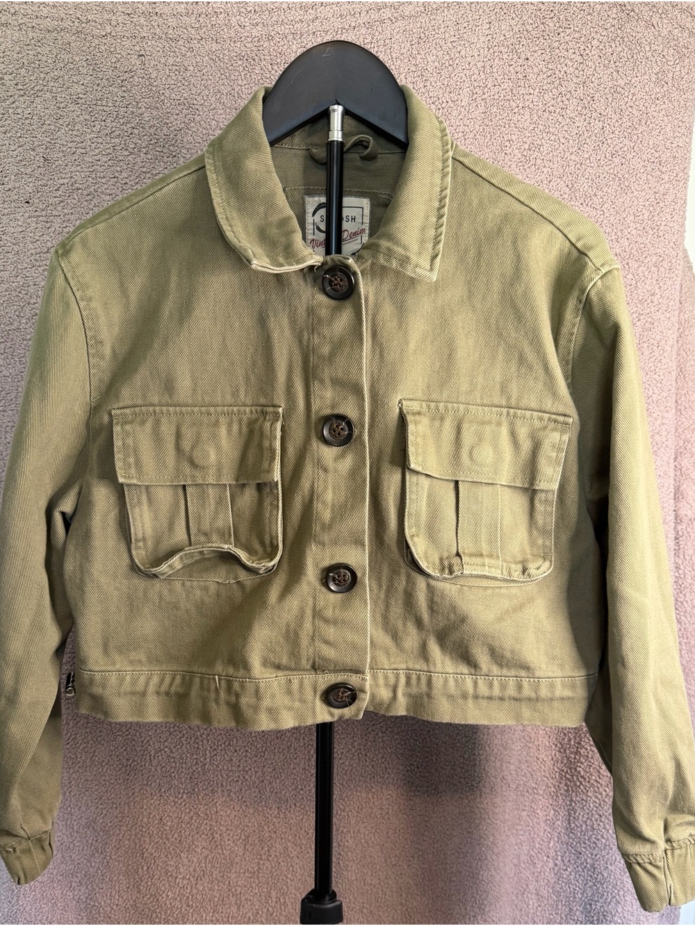 STOOSH Vintage Denim Olive Cropped Utility Jacket Size M